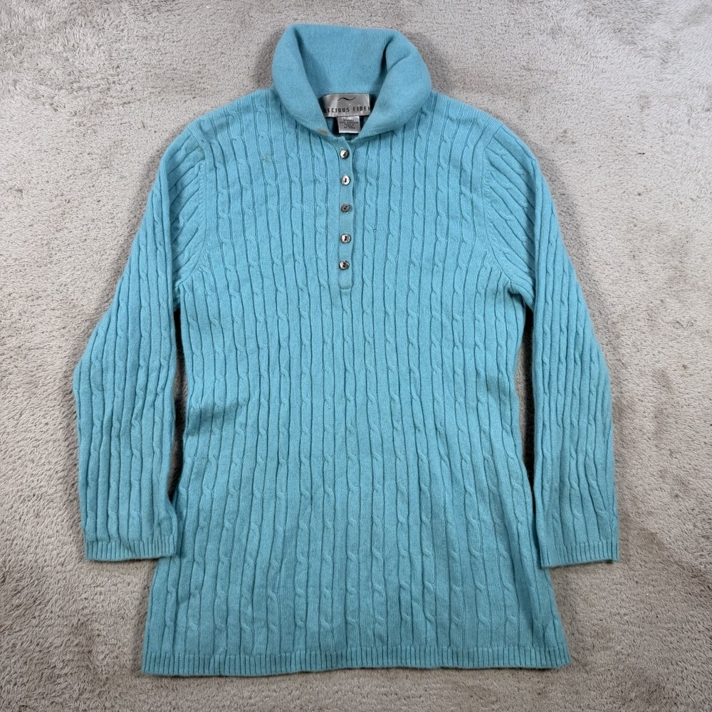 Precious Fiber Sweater Womens XS Blue 100% Cashmere Cable Knit Cowl Neck Soft